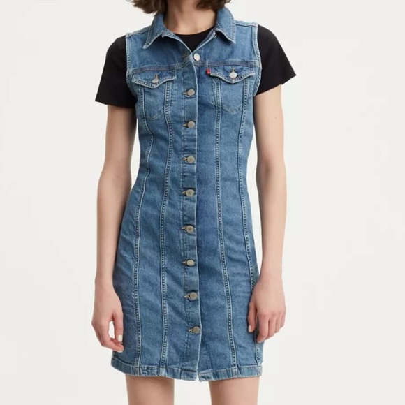Levi's Classic Aubrey Sleeveless Denim Snap Front Collared Dress | Size Small - Picture 1 of 9